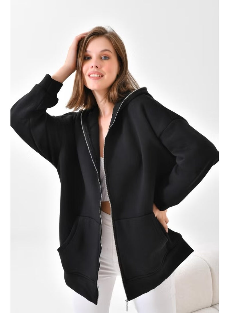 Garmi Ftz Women 3 Thread Raised Zippered Sweatshirt Black - Image 3